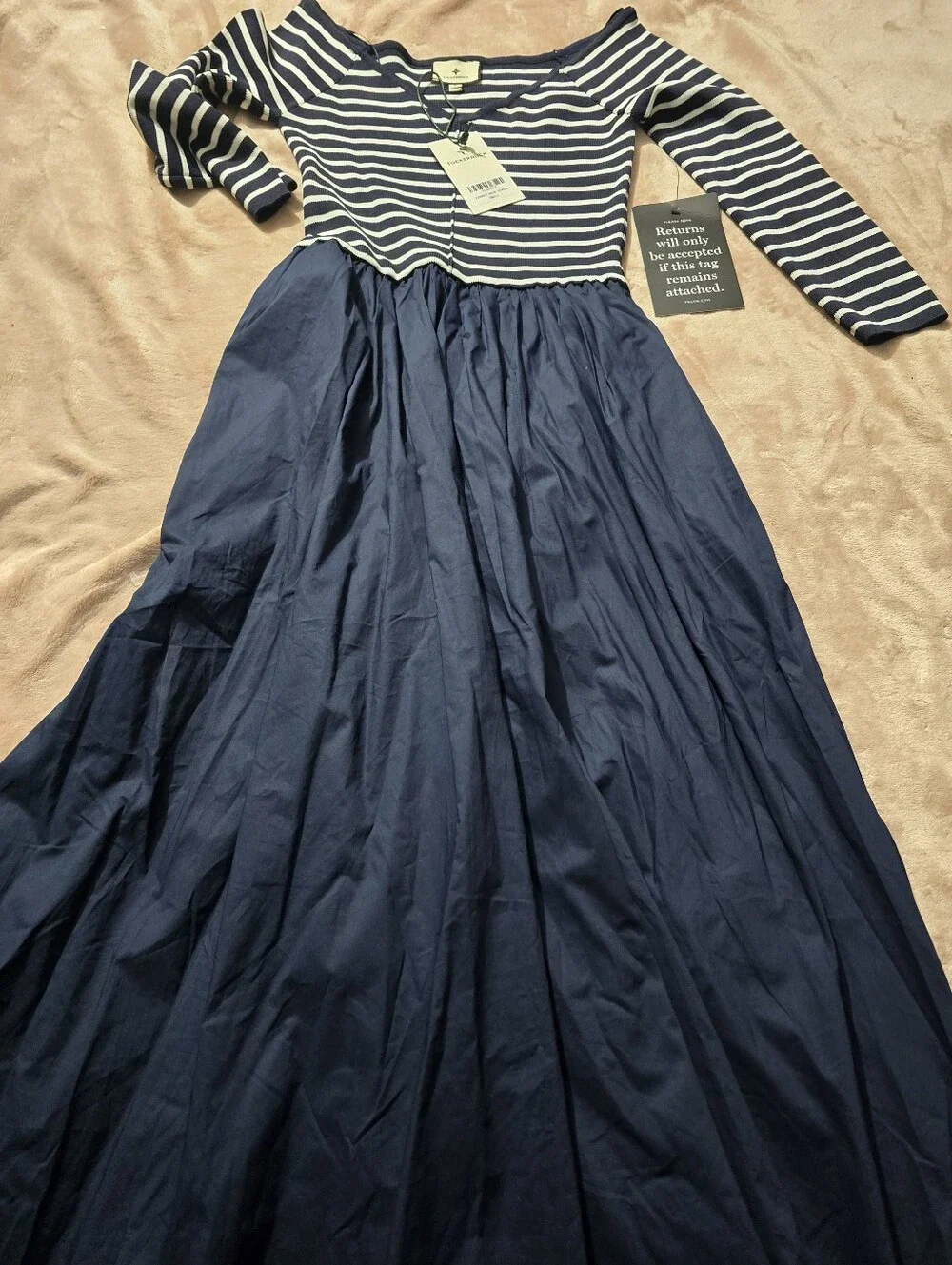 Tuckernuck Clea Dress in a navy and white striped mixed-media design Size Small - Picture 7 of 8